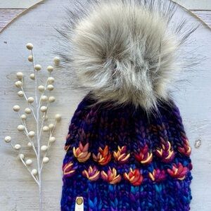Hand Knit Chunky Beanie - Faux Fur Pom - Malabrigo Rasta Yarn